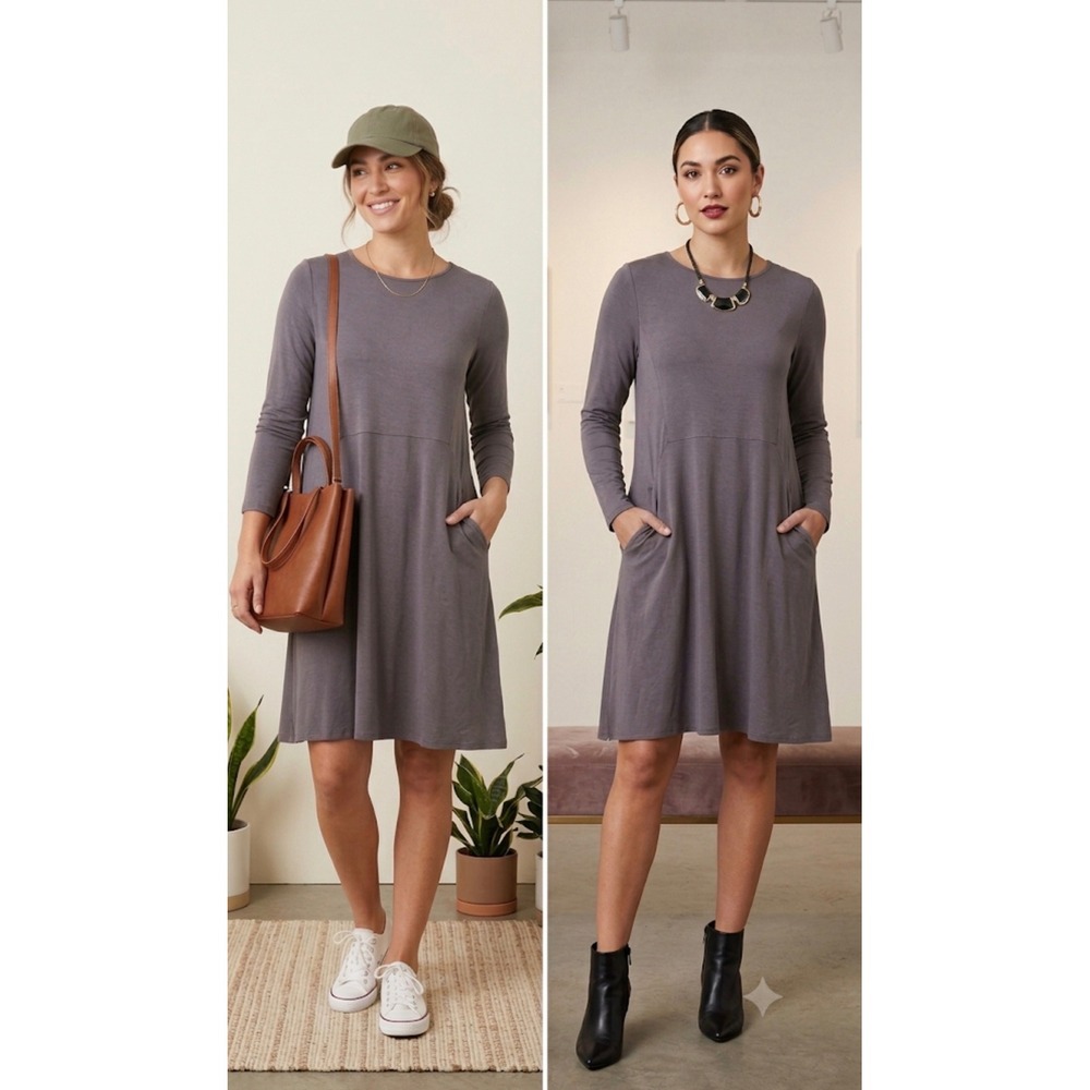 Garnet Hill Everyday Knit Dress Long Sleeve Tencel Pockets Swing Women's Size M